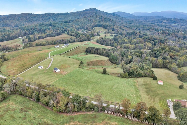 bird's eye view featuring a mountain view and a rural view