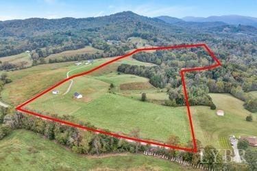 1095 Fox Ln, Moneta, VA 24121 - aerial view of sparsely populated area with property boundaries highlighted and mountains