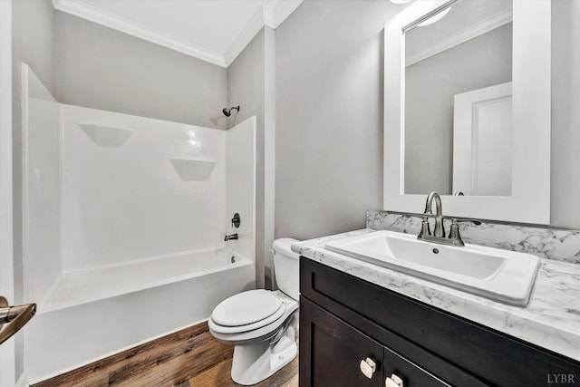 1095 Fox Ln, Moneta, VA 24121 - full bath with ornamental molding, toilet, vanity, wood finished floors, and bathing tub / shower combination