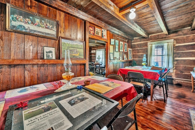 dining area with beam ceiling, hardwood / wood-style floors, wood ceiling, and wood walls