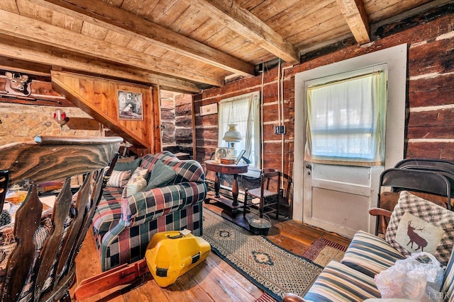 1155 Gaston Rd, Vinton, VA 24179 - living room with wooden ceiling with exposed beams, hardwood / wood-style floors, and wood walls