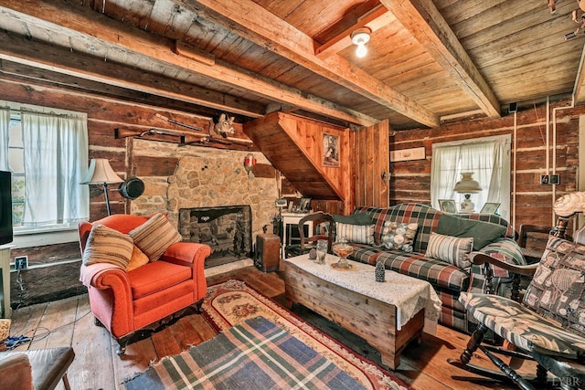 1155 Gaston Rd, Vinton, VA 24179 - living room featuring wooden ceiling with exposed beams, wood-type flooring, and wood walls