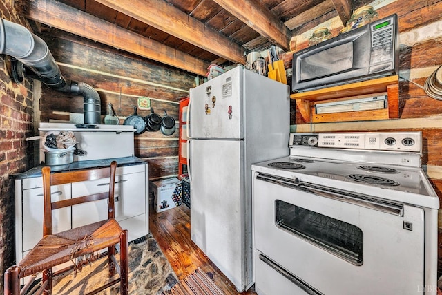 kitchen with brick wall, refrigerator, beamed ceiling, wood ceiling, and electric stove