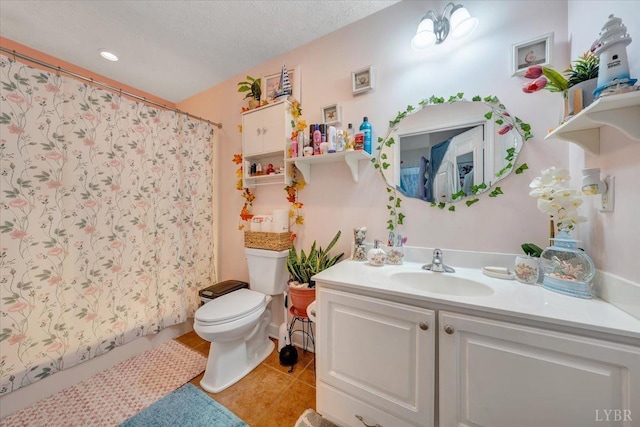 1746 Fiddler Creek Rd, Bedford, VA 24523 - bathroom with vanity, an inviting chandelier, tile patterned flooring, toilet, and a textured ceiling