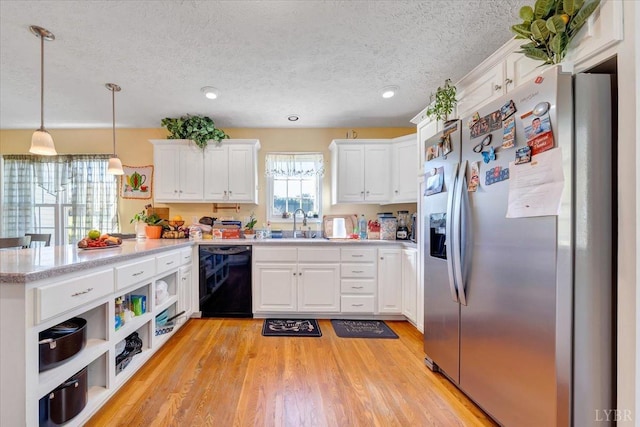 1746 Fiddler Creek Rd, Bedford, VA 24523 - kitchen with white cabinetry, dishwasher, hanging light fixtures, stainless steel refrigerator with ice dispenser, and light wood-type flooring