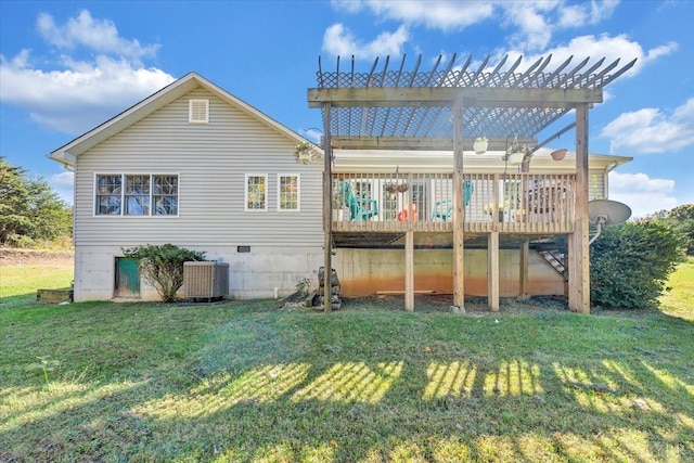 1746 Fiddler Creek Rd, Bedford, VA 24523 - back of property with a yard, a pergola, a deck, and central air condition unit