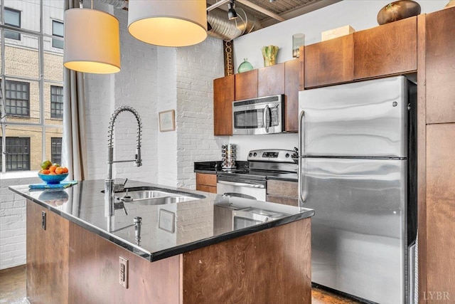 400 SW Salem Ave Unit 2B, Roanoke, VA 24016 - kitchen with a sink, brick wall, appliances with stainless steel finishes, and dark stone counters