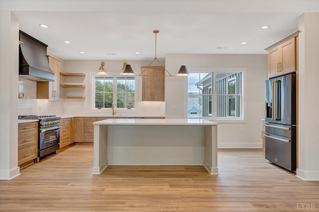 1161 Golf View Ct, Huddleston, VA 24104 - kitchen with stainless steel appliances, wall chimney exhaust hood, open shelves, light brown cabinets, and recessed lighting