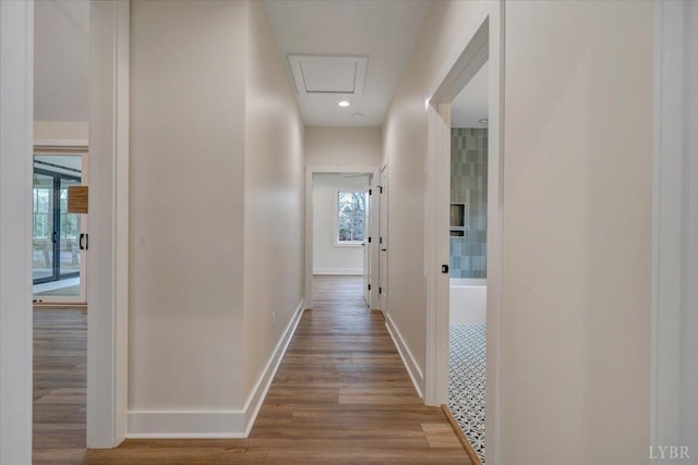 1161 Golf View Ct, Huddleston, VA 24104 - corridor featuring wood finished floors, baseboards, attic access, and recessed lighting