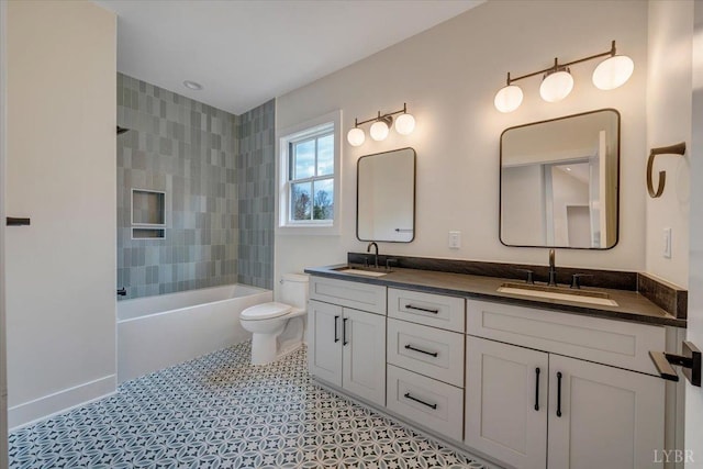 1161 Golf View Ct, Huddleston, VA 24104 - full bathroom with double vanity, toilet, shower / washtub combination, and baseboards