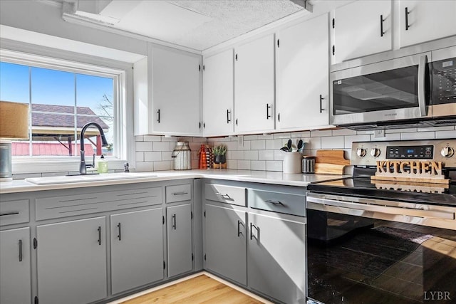 2180 Lime Plant Rd, Appomattox, VA 24522 - kitchen featuring appliances with stainless steel finishes, a sink, gray cabinets, backsplash, and light countertops
