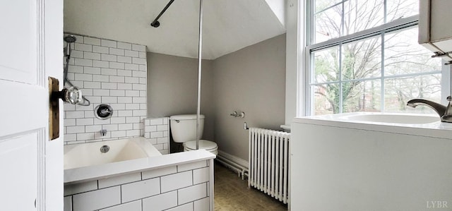4065 Fort Ave, Lynchburg, VA 24502 - full bathroom featuring radiator heating unit, toilet, healthy amount of natural light,  shower combination, and lofted ceiling