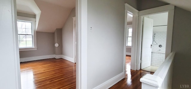 4065 Fort Ave, Lynchburg, VA 24502 - hallway featuring wood finished floors, baseboards, and vaulted ceiling