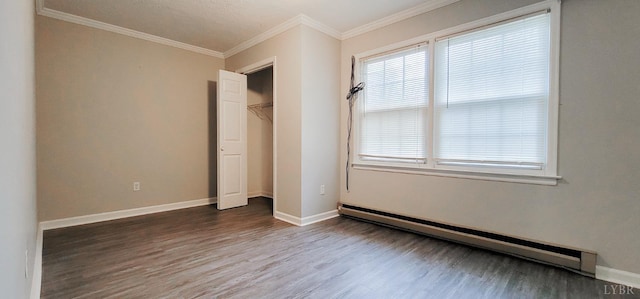 4065 Fort Ave, Lynchburg, VA 24502 - unfurnished bedroom featuring a baseboard radiator, wood finished floors, crown molding, baseboards, and a closet