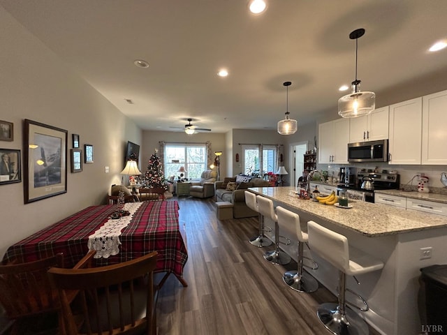 1300 Stoney Ridge Blvd Unit 102, Forest, VA 24551 - kitchen featuring pendant lighting, white cabinets, a center island with sink, light stone countertops, and appliances with stainless steel finishes