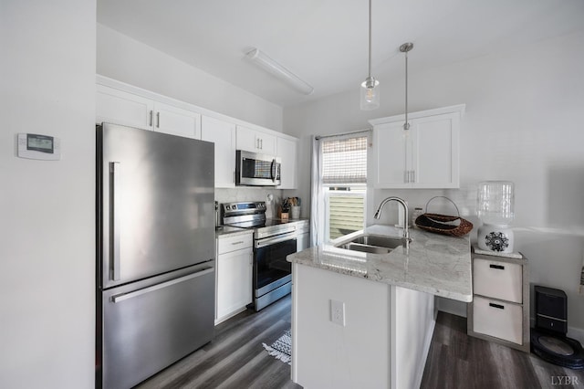 3047 Fulton St, Lynchburg, VA 24501 - kitchen featuring appliances with stainless steel finishes, a sink, dark wood finished floors, and a peninsula