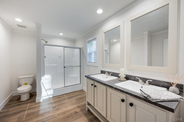 899 Union Hill Rd, Amherst, VA 24521 - full bathroom with crown molding, double vanity, a stall shower, wood finished floors, and recessed lighting