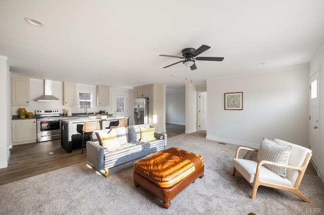 899 Union Hill Rd, Amherst, VA 24521 - living room featuring light carpet, a ceiling fan, ornamental molding, and recessed lighting