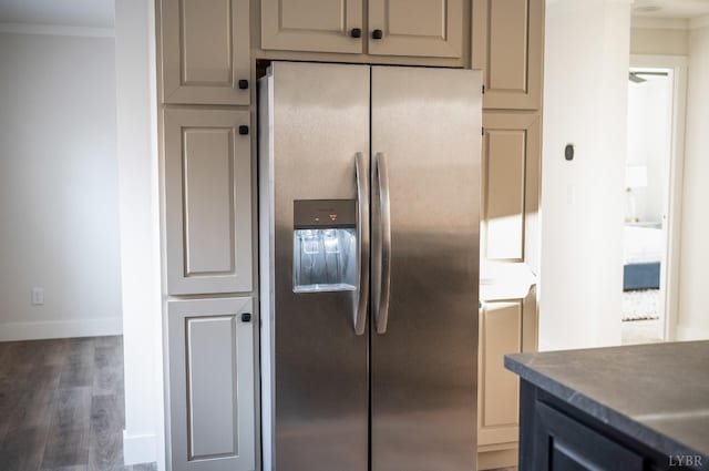 899 Union Hill Rd, Amherst, VA 24521 - kitchen featuring stainless steel fridge with ice dispenser, wood finished floors, ornamental molding, and baseboards