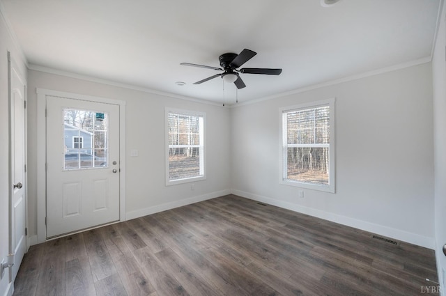 899 Union Hill Rd, Amherst, VA 24521 - foyer entrance featuring dark wood finished floors, ornamental molding, baseboards, and ceiling fan