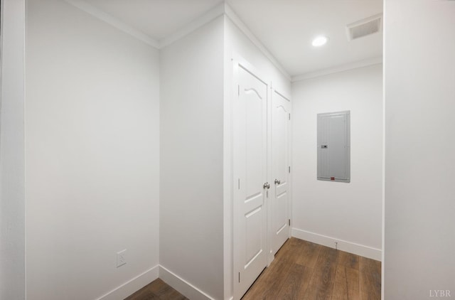 899 Union Hill Rd, Amherst, VA 24521 - hall featuring electric panel, dark wood-type flooring, crown molding, and recessed lighting