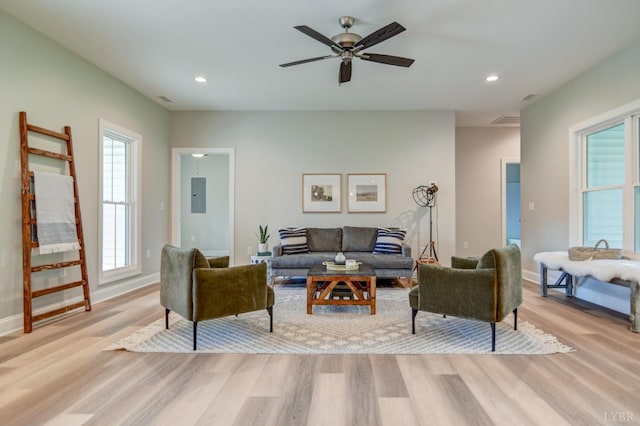 1327 Greenhouse Rd, Rustburg, VA 24588 - living area featuring light wood finished floors, electric panel, baseboards, ceiling fan, and recessed lighting