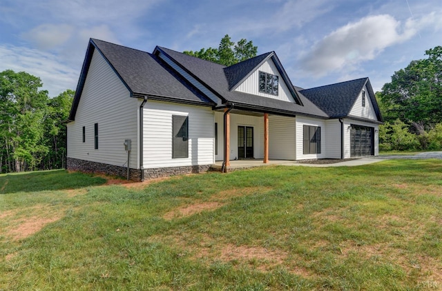 1327 Greenhouse Rd, Rustburg, VA 24588 - modern farmhouse style home with aphalt driveway, roof with shingles, an attached garage, and a front lawn