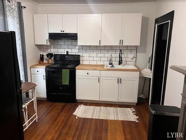 1014 Buchanan St, Lynchburg, VA 24501 - kitchen with black appliances, under cabinet range hood, a sink, wooden counters, and white cabinets