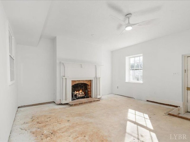 522 Jackson St, Lynchburg, VA 24504 - unfurnished living room with a brick fireplace and ceiling fan
