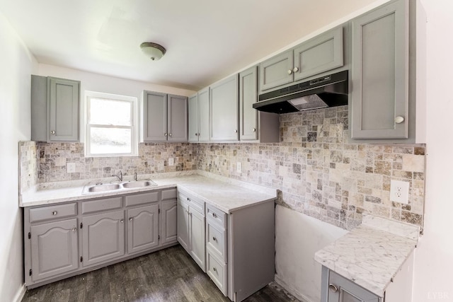 1930 Vine St, Lynchburg, VA 24501 - kitchen with under cabinet range hood, a sink, dark wood-style floors, and light countertops