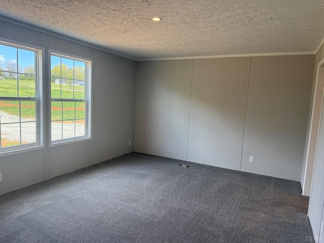 carpeted empty room featuring a decorative wall and a textured ceiling