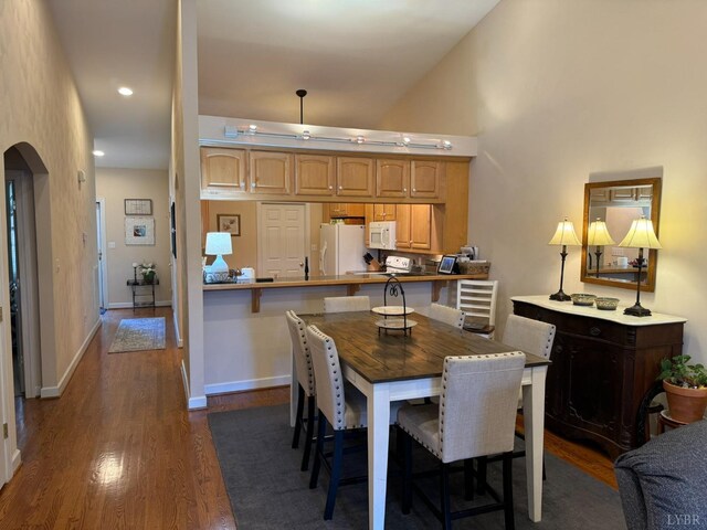 206 Blarney Stone Ct, Huddleston, VA 24104 - dining room featuring arched walkways, dark wood finished floors, baseboards, recessed lighting, and a high ceiling