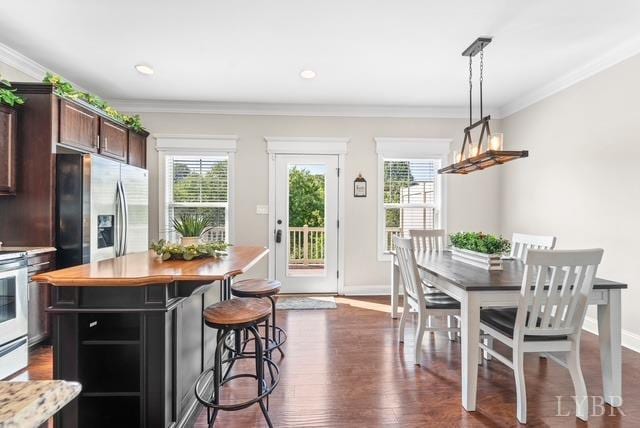 188 Mallard Ln, Lynchburg, VA 24502 - kitchen with crown molding, plenty of natural light, a kitchen island, and stainless steel fridge with ice dispenser