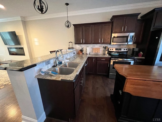 188 Mallard Ln, Lynchburg, VA 24502 - kitchen featuring dark brown cabinetry, dark wood-style flooring, a sink, a peninsula, and stainless steel appliances