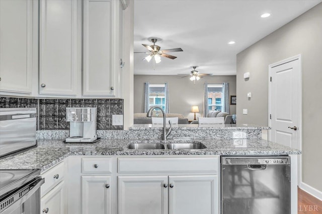 59 Broad St, Daleville, VA 24083 - kitchen with ceiling fan, a sink, dishwasher, white cabinetry, and decorative backsplash