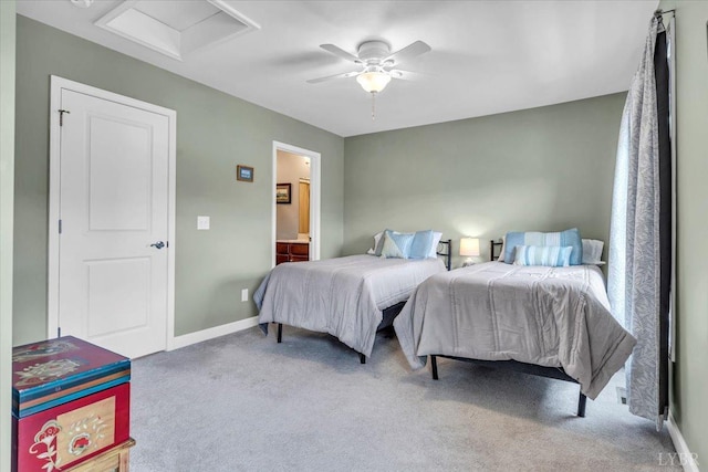 59 Broad St, Daleville, VA 24083 - bedroom featuring ceiling fan, attic access, carpet floors, baseboards, and connected bathroom