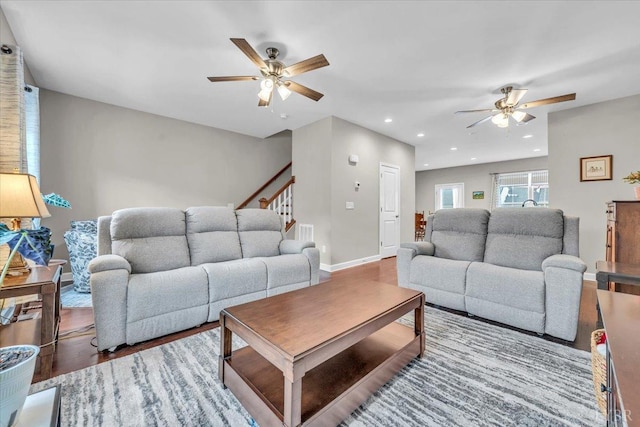 59 Broad St, Daleville, VA 24083 - living room with recessed lighting, a ceiling fan, stairs, and wood finished floors