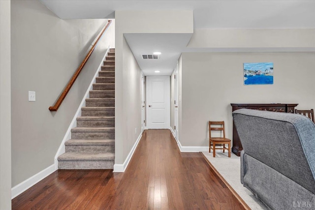 59 Broad St, Daleville, VA 24083 - foyer with stairs, baseboards, visible vents, and dark wood-style floors