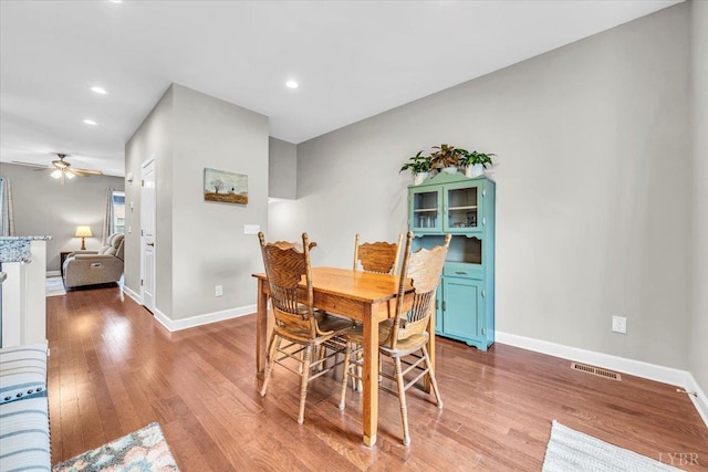 59 Broad St, Daleville, VA 24083 - dining space featuring a ceiling fan, visible vents, baseboards, light wood-style floors, and recessed lighting