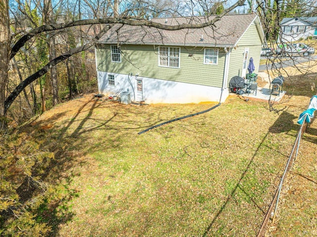 1117 Long Meadows Dr, Lynchburg, VA 24502 - view of side of property featuring a patio area, a yard, central air condition unit, and roof with shingles