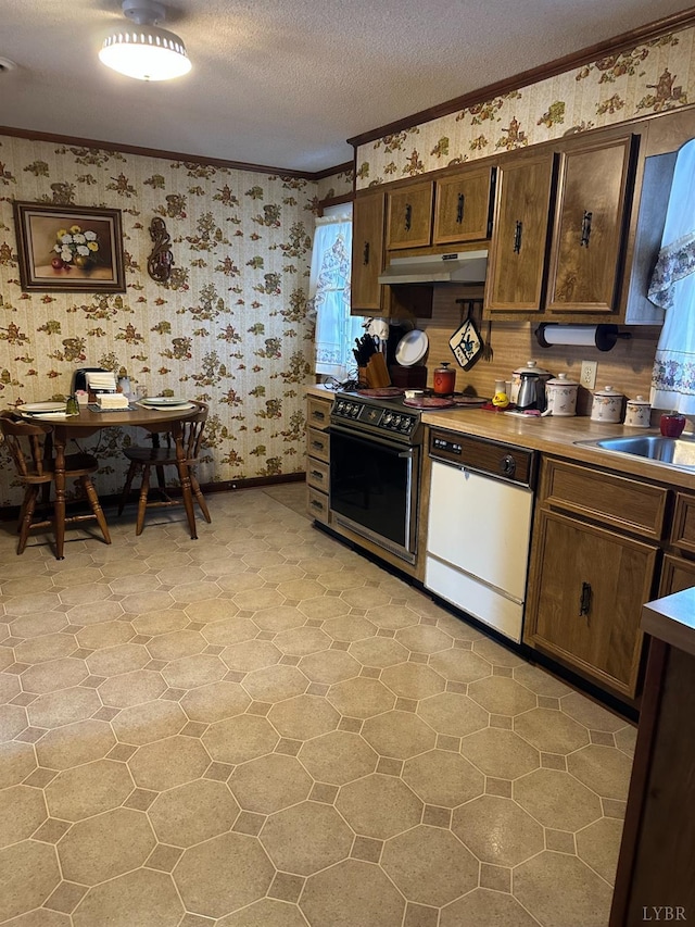 1118 Galax St, Bedford, VA 24523 - kitchen with electric range, wallpapered walls, white dishwasher, under cabinet range hood, and crown molding