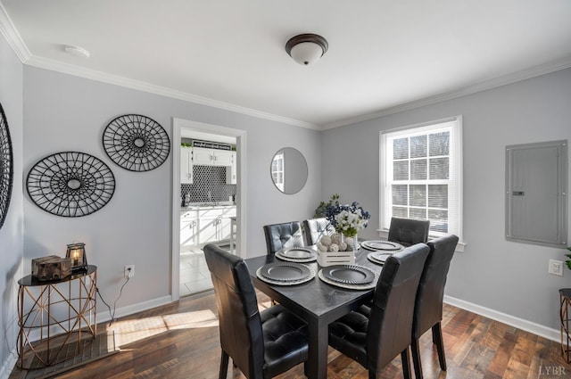 1516 Pierce St, Lynchburg, VA 24501 - dining space featuring electric panel, crown molding, dark wood-style flooring, and baseboards