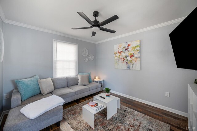 1516 Pierce St, Lynchburg, VA 24501 - living room featuring ornamental molding, dark wood-type flooring, baseboards, and a ceiling fan