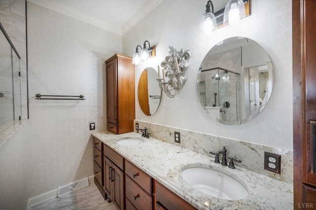 152 Fairwinds Ct, Forest, VA 24551 - bathroom with a shower stall, double vanity, marble finish floors, crown molding, and baseboards