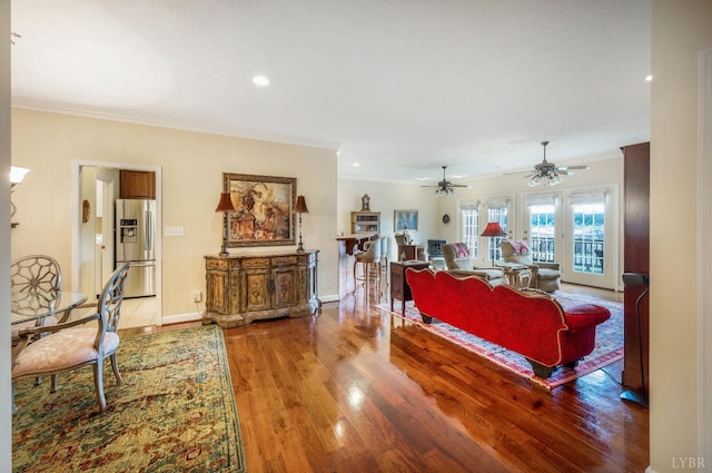 152 Fairwinds Ct, Forest, VA 24551 - living area featuring ornamental molding, wood finished floors, a ceiling fan, baseboards, and recessed lighting