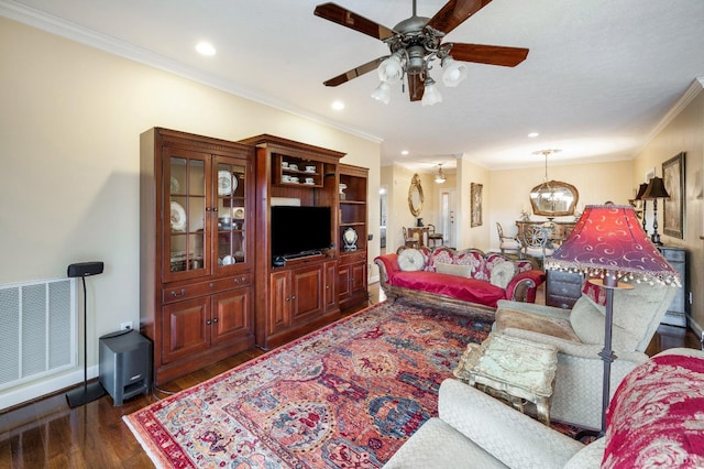 152 Fairwinds Ct, Forest, VA 24551 - living area with dark wood-style floors, a ceiling fan, ornamental molding, and recessed lighting