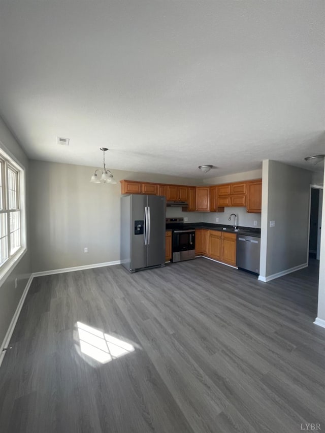 2001 3rd St, Lynchburg, VA 24501 - kitchen featuring appliances with stainless steel finishes, baseboards, under cabinet range hood, a chandelier, and dark wood finished floors