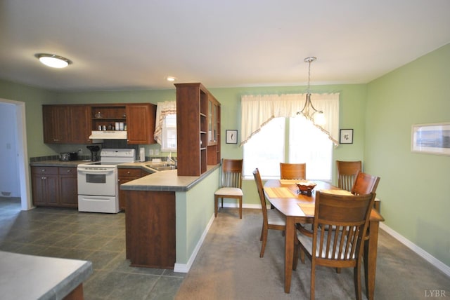 2453 Easome Rd, Hurt, VA 24563 - kitchen with white electric range oven, open shelves, a sink, under cabinet range hood, and a peninsula