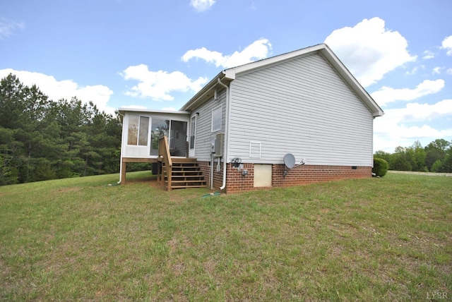 2453 Easome Rd, Hurt, VA 24563 - view of side of home featuring a sunroom, a yard, crawl space, and stairway