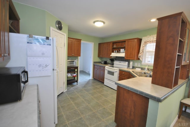2453 Easome Rd, Hurt, VA 24563 - kitchen featuring open shelves, white appliances, a sink, under cabinet range hood, and dark flooring